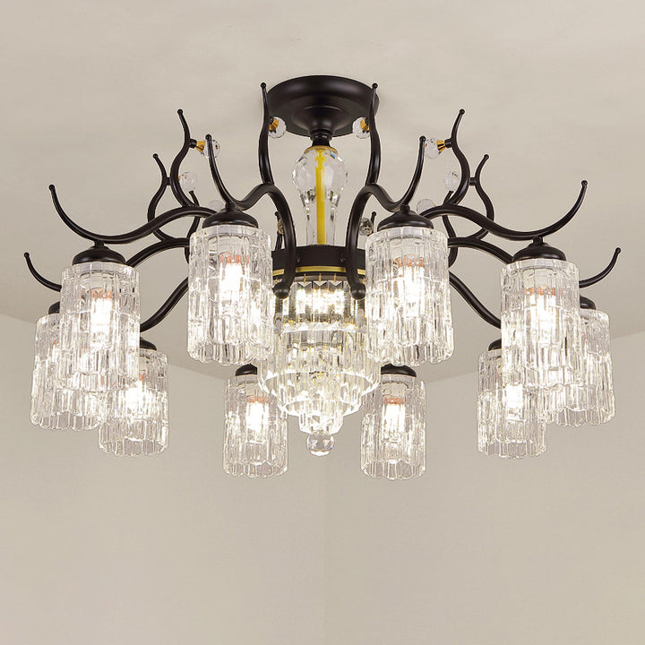 Contemporary Nordic Dome Branch Curved Rod Cylinder Glass Lampshade Iron Crystal 3/6/8/10-Light Chandelier For Living Room