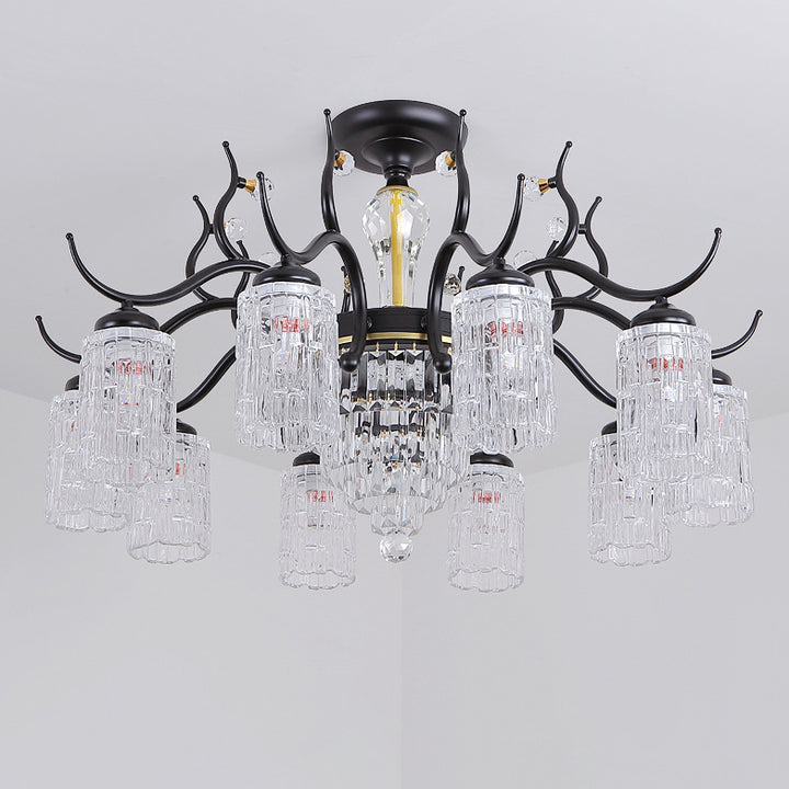 Contemporary Nordic Dome Branch Curved Rod Cylinder Glass Lampshade Iron Crystal 3/6/8/10-Light Chandelier For Living Room