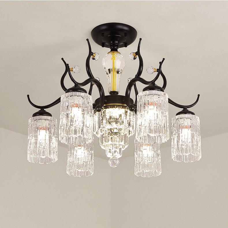 Contemporary Nordic Dome Branch Curved Rod Cylinder Glass Lampshade Iron Crystal 3/6/8/10-Light Chandelier For Living Room