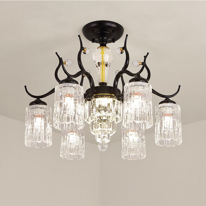 Contemporary Nordic Dome Branch Curved Rod Cylinder Glass Lampshade Iron Crystal 3/6/8/10-Light Chandelier For Living Room