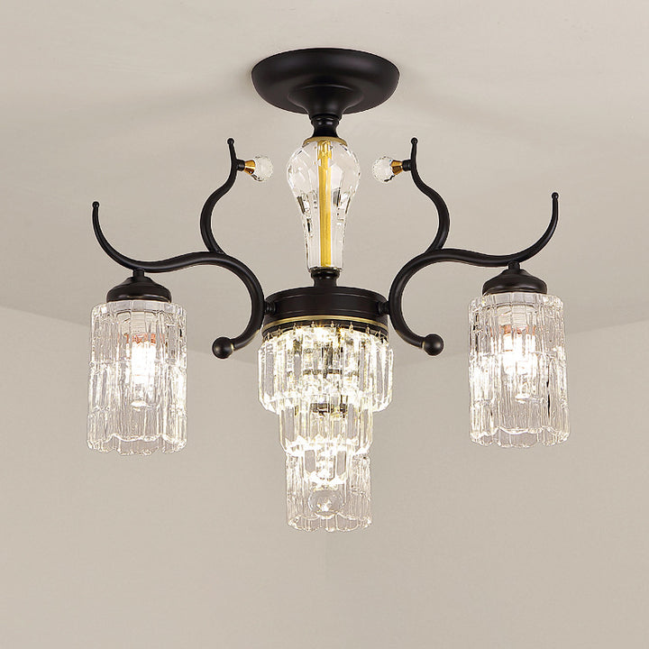 Contemporary Nordic Dome Branch Curved Rod Cylinder Glass Lampshade Iron Crystal 3/6/8/10-Light Chandelier For Living Room