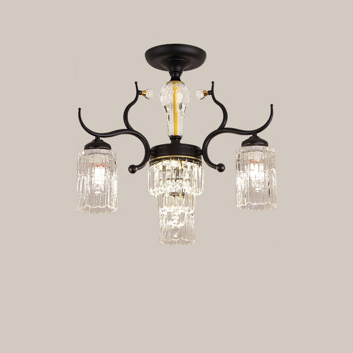 Contemporary Nordic Dome Branch Curved Rod Cylinder Glass Lampshade Iron Crystal 3/6/8/10-Light Chandelier For Living Room