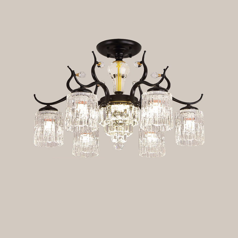 Contemporary Nordic Dome Branch Curved Rod Cylinder Glass Lampshade Iron Crystal 3/6/8/10-Light Chandelier For Living Room