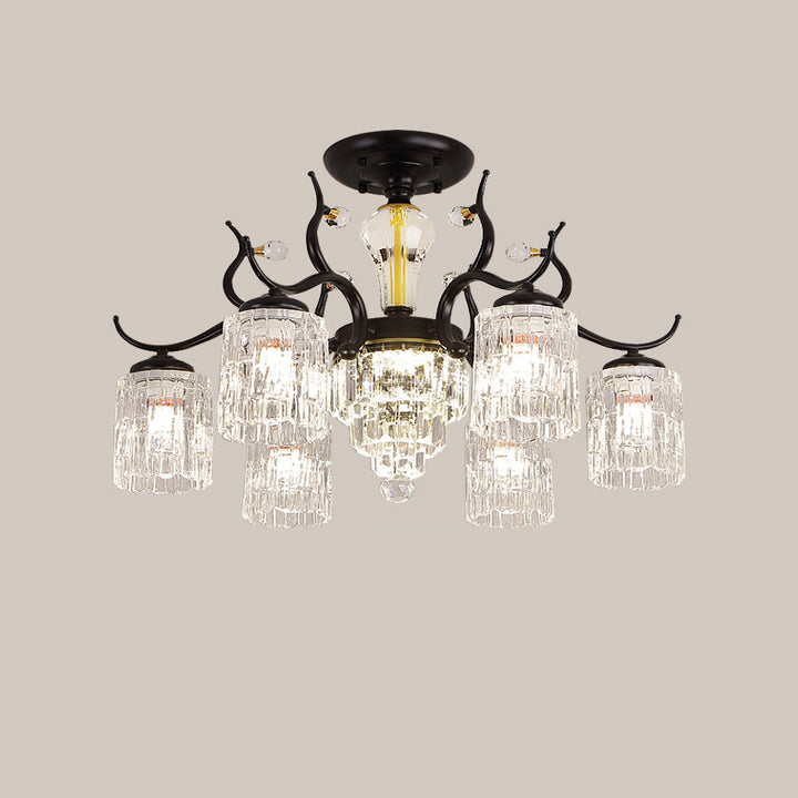 Contemporary Nordic Dome Branch Curved Rod Cylinder Glass Lampshade Iron Crystal 3/6/8/10-Light Chandelier For Living Room