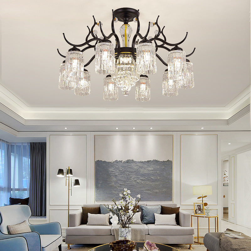 Contemporary Nordic Dome Branch Curved Rod Cylinder Glass Lampshade Iron Crystal 3/6/8/10-Light Chandelier For Living Room