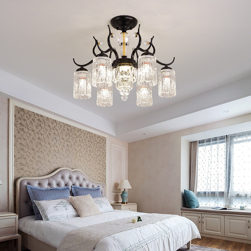 Contemporary Nordic Dome Branch Curved Rod Cylinder Glass Lampshade Iron Crystal 3/6/8/10-Light Chandelier For Living Room