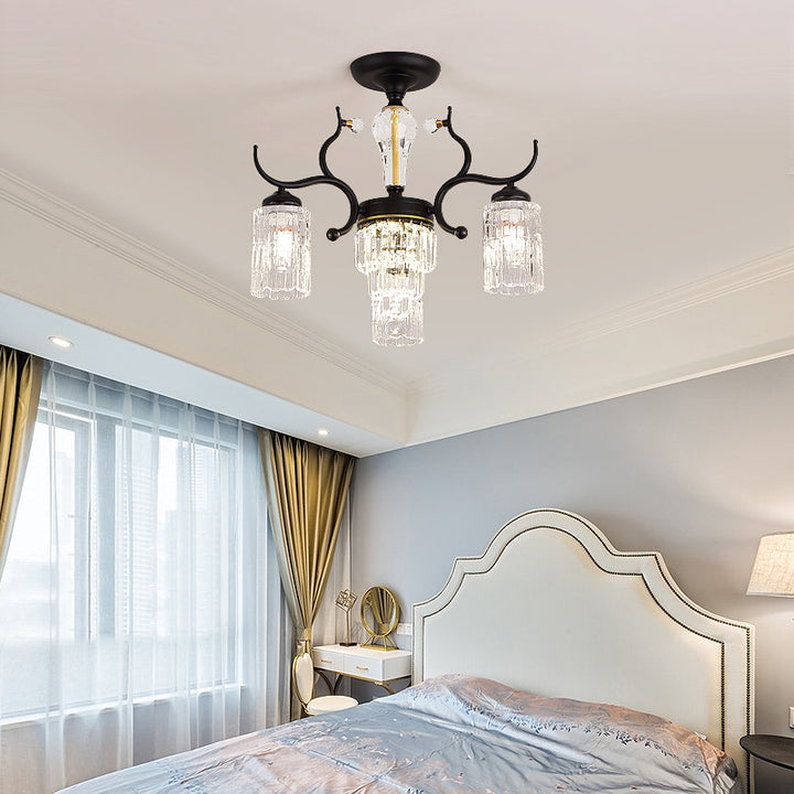 Contemporary Nordic Dome Branch Curved Rod Cylinder Glass Lampshade Iron Crystal 3/6/8/10-Light Chandelier For Living Room
