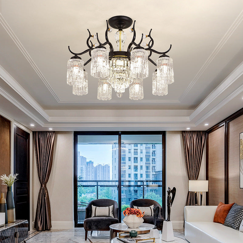 Contemporary Nordic Dome Branch Curved Rod Cylinder Glass Lampshade Iron Crystal 3/6/8/10-Light Chandelier For Living Room