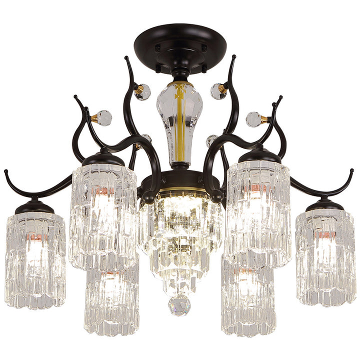 Contemporary Nordic Dome Branch Curved Rod Cylinder Glass Lampshade Iron Crystal 3/6/8/10-Light Chandelier For Living Room