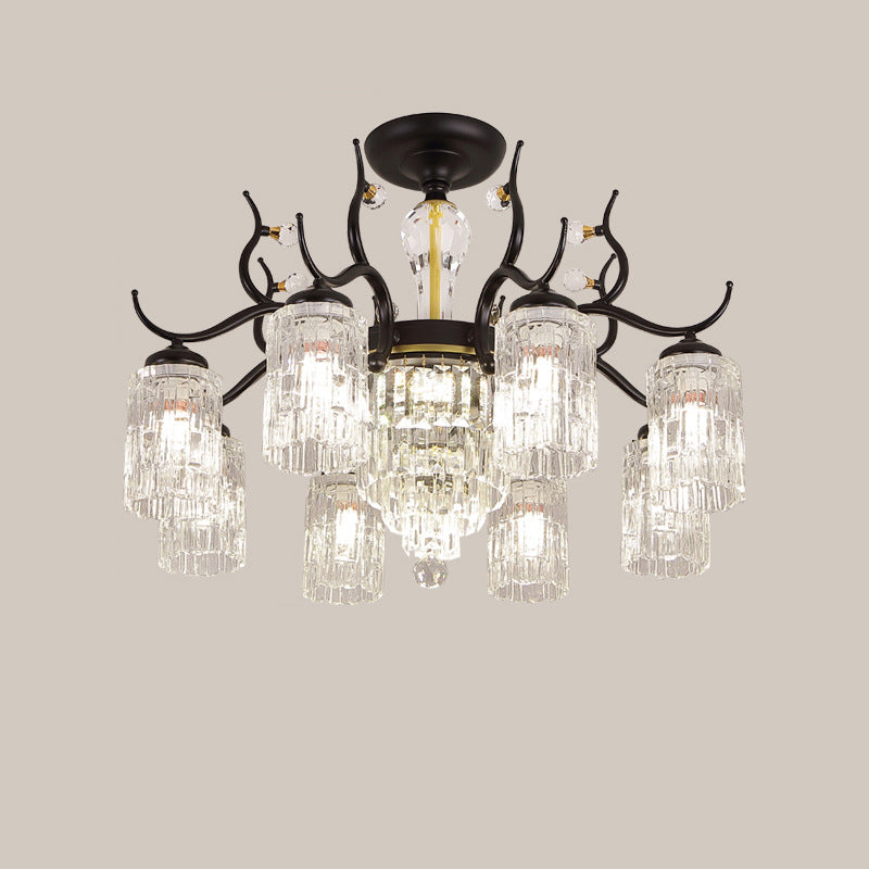 Contemporary Nordic Dome Branch Curved Rod Cylinder Glass Lampshade Iron Crystal 3/6/8/10-Light Chandelier For Living Room