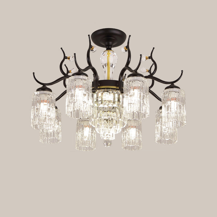 Contemporary Nordic Dome Branch Curved Rod Cylinder Glass Lampshade Iron Crystal 3/6/8/10-Light Chandelier For Living Room