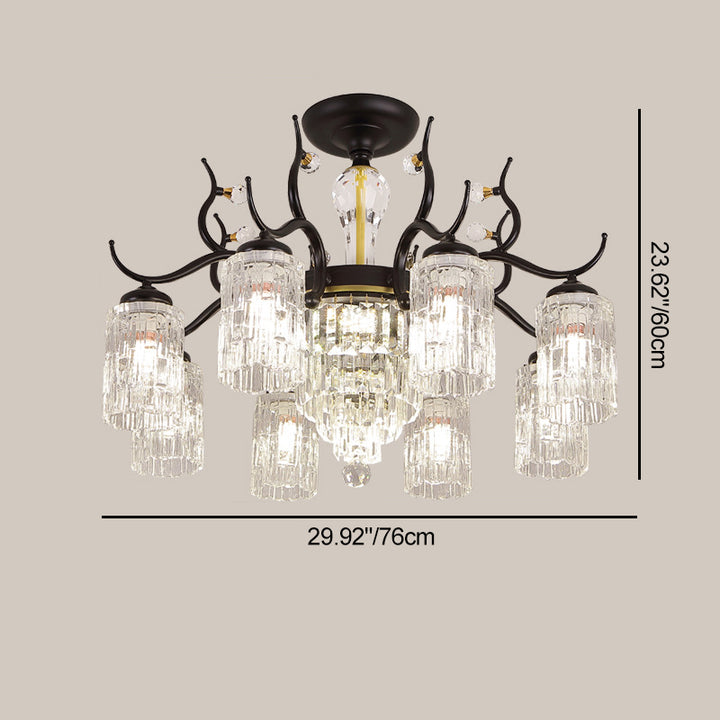Contemporary Nordic Dome Branch Curved Rod Cylinder Glass Lampshade Iron Crystal 3/6/8/10-Light Chandelier For Living Room
