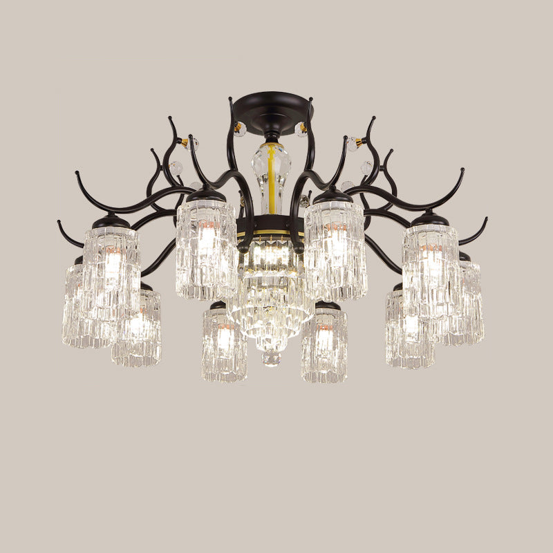 Contemporary Nordic Dome Branch Curved Rod Cylinder Glass Lampshade Iron Crystal 3/6/8/10-Light Chandelier For Living Room