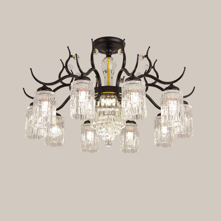 Contemporary Nordic Dome Branch Curved Rod Cylinder Glass Lampshade Iron Crystal 3/6/8/10-Light Chandelier For Living Room