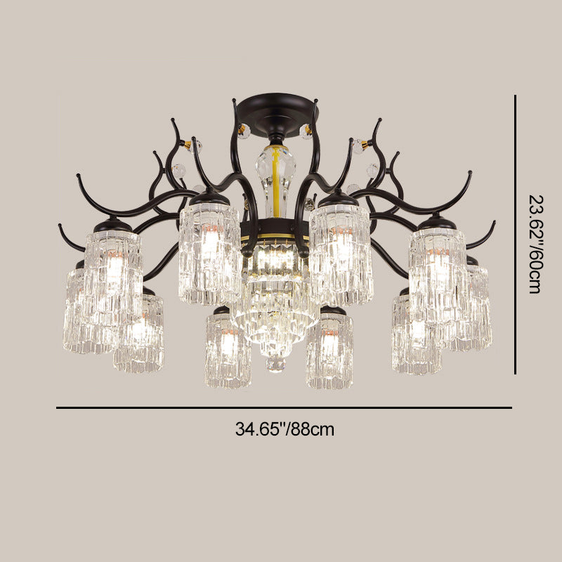 Contemporary Nordic Dome Branch Curved Rod Cylinder Glass Lampshade Iron Crystal 3/6/8/10-Light Chandelier For Living Room