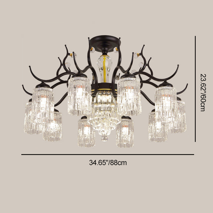 Contemporary Nordic Dome Branch Curved Rod Cylinder Glass Lampshade Iron Crystal 3/6/8/10-Light Chandelier For Living Room