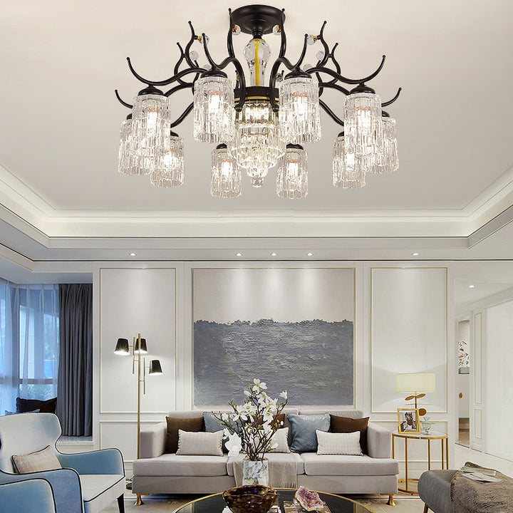 Contemporary Nordic Dome Branch Curved Rod Cylinder Glass Lampshade Iron Crystal 3/6/8/10-Light Chandelier For Living Room