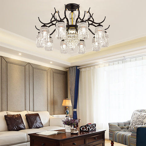 Contemporary Nordic Dome Branch Curved Rod Cylinder Glass Lampshade Iron Crystal 3/6/8/10-Light Chandelier For Living Room