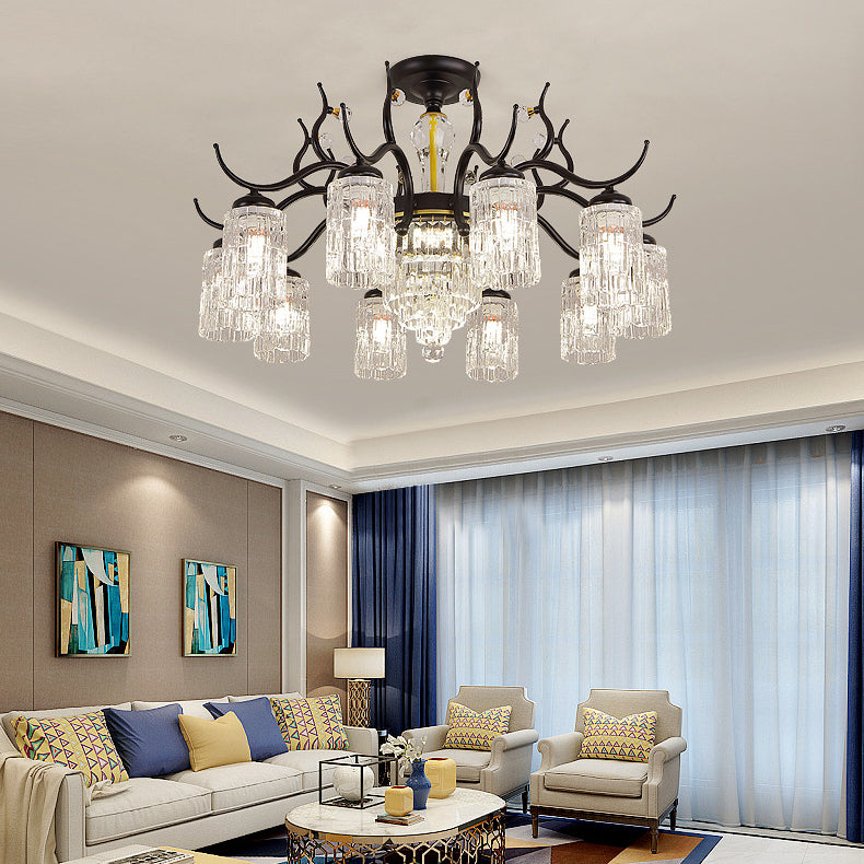 Contemporary Nordic Dome Branch Curved Rod Cylinder Glass Lampshade Iron Crystal 3/6/8/10-Light Chandelier For Living Room