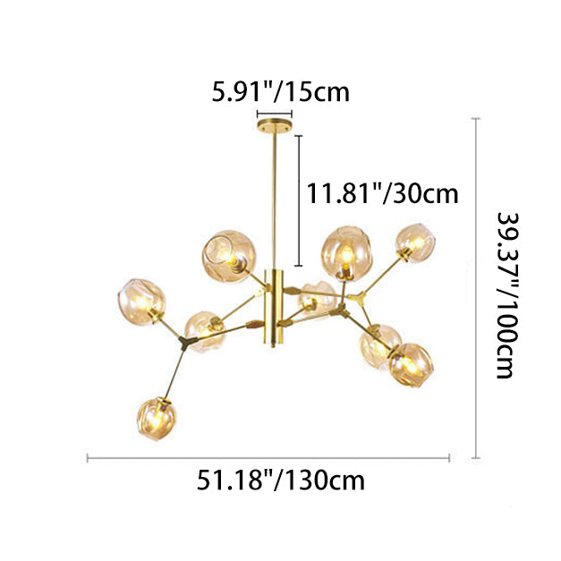 Contemporary Scandinavian Dome Branches Orbs Aluminum Iron Glass 9 - Light Chandelier For Living Room