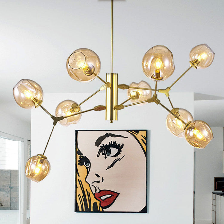 Contemporary Scandinavian Dome Branches Orbs Aluminum Iron Glass 9 - Light Chandelier For Living Room