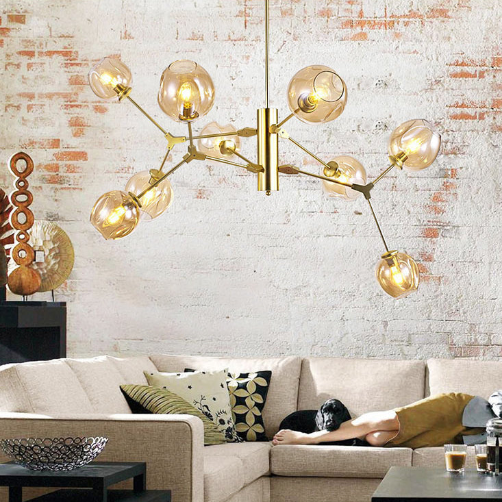 Contemporary Scandinavian Dome Branches Orbs Aluminum Iron Glass 9 - Light Chandelier For Living Room