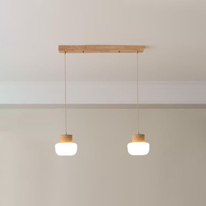 Traditionelle japanische Pilz-Glaslampenschirm Hanfseil-Weberei Runde Eichenbasis LED-Kronleuchter für Esszimmer 