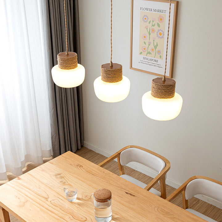 Traditionelle japanische Pilz-Glaslampenschirm Hanfseil-Weberei Runde Eichenbasis LED-Kronleuchter für Esszimmer 