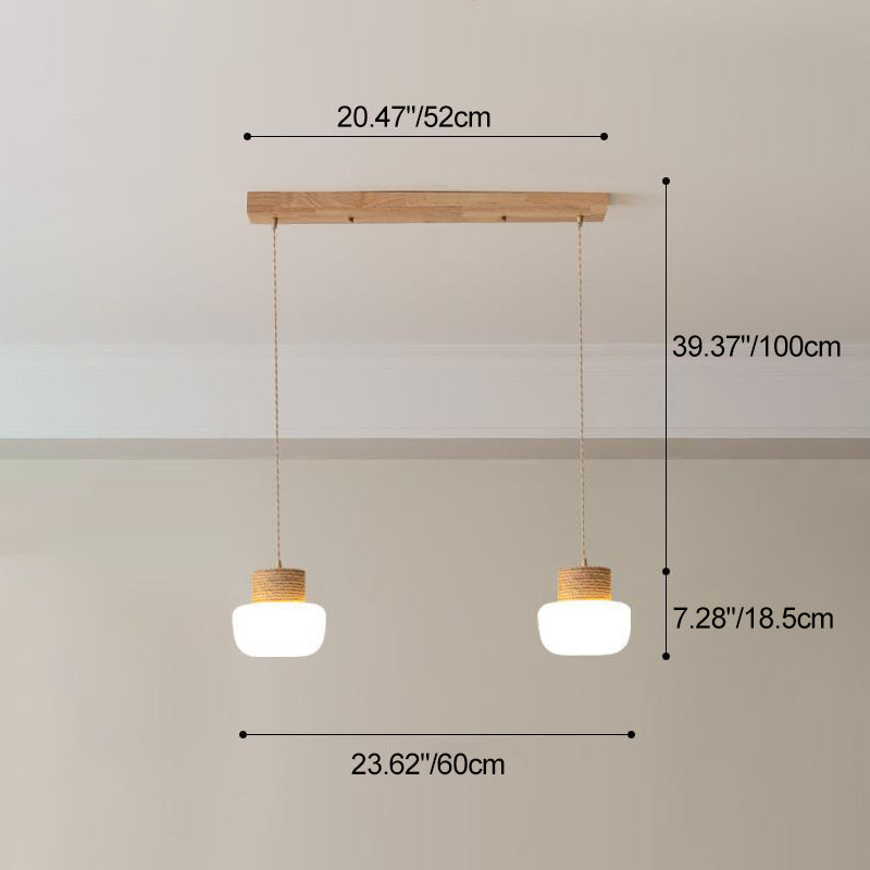 Traditionelle japanische Pilz-Glaslampenschirm Hanfseil-Weberei Runde Eichenbasis LED-Kronleuchter für Esszimmer 