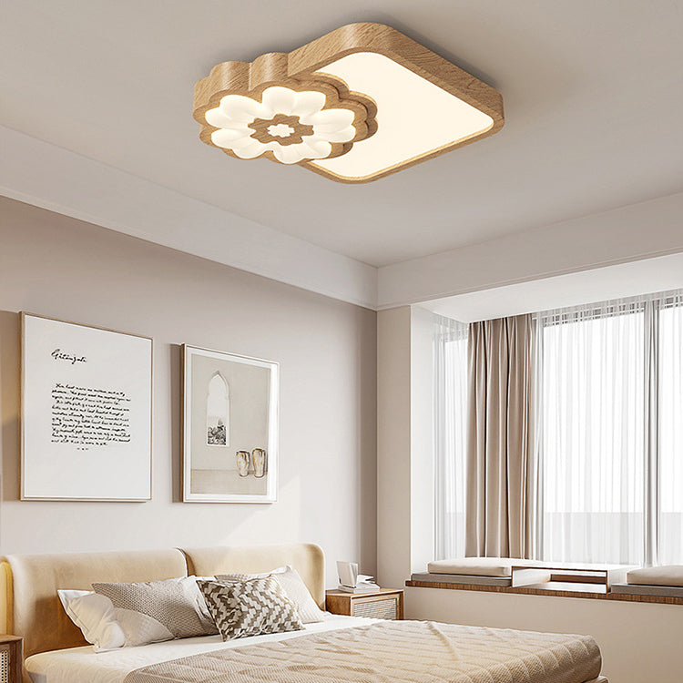 Contemporary Nordic Square Round Flower Rubber Wood PE LED Flush Mount Ceiling Light For Bedroom