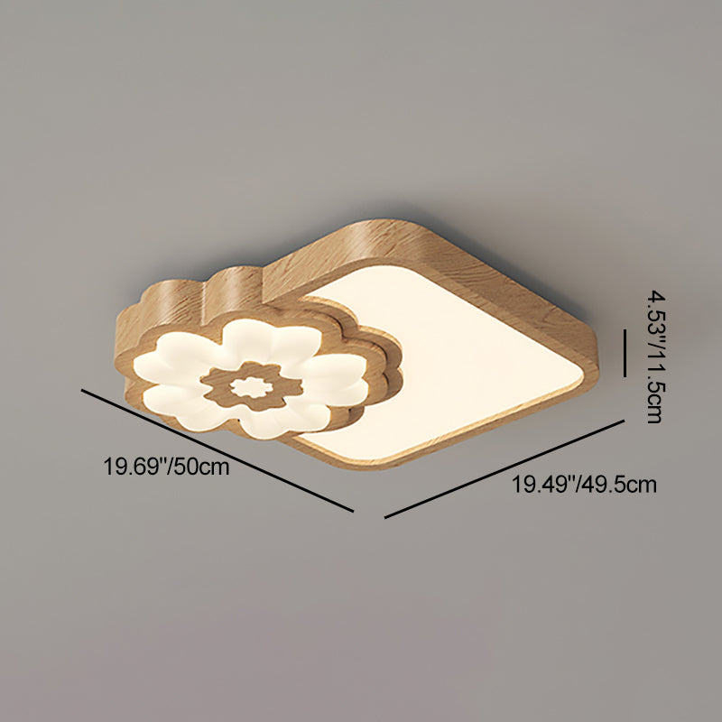 Contemporary Nordic Square Round Flower Rubber Wood PE LED Flush Mount Ceiling Light For Bedroom