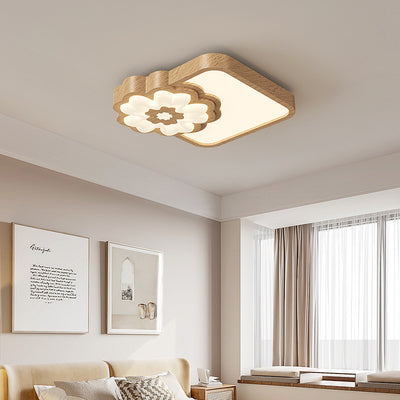 Contemporary Nordic Square Round Flower Rubber Wood PE LED Flush Mount Ceiling Light For Bedroom