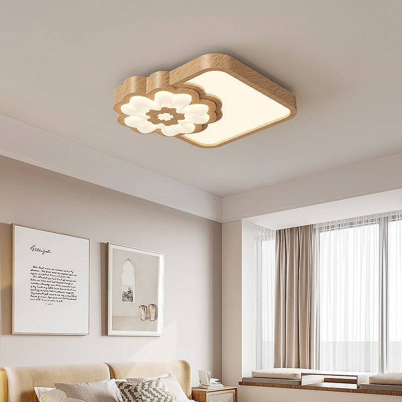 Contemporary Nordic Square Round Flower Rubber Wood PE LED Flush Mount Ceiling Light For Bedroom