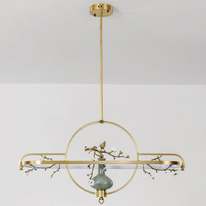 Dôme chinois traditionnel rond Magnolia Prunus Vase en céramique Lustres à LED en cuivre et silicone pour salle à manger 