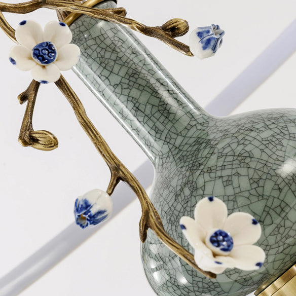Dôme chinois traditionnel rond Magnolia Prunus Vase en céramique Lustres à LED en cuivre et silicone pour salle à manger 