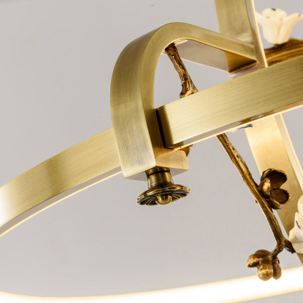 Dôme chinois traditionnel rond Magnolia Prunus Vase en céramique Lustres à LED en cuivre et silicone pour salle à manger 