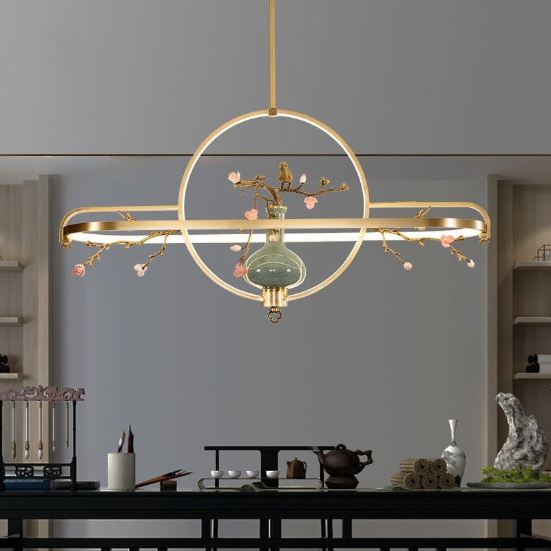 Dôme chinois traditionnel rond Magnolia Prunus Vase en céramique Lustres à LED en cuivre et silicone pour salle à manger 
