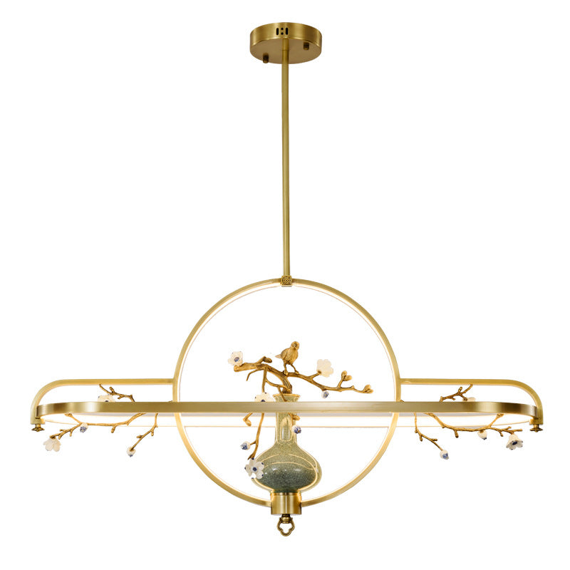Dôme chinois traditionnel rond Magnolia Prunus Vase en céramique Lustres à LED en cuivre et silicone pour salle à manger 
