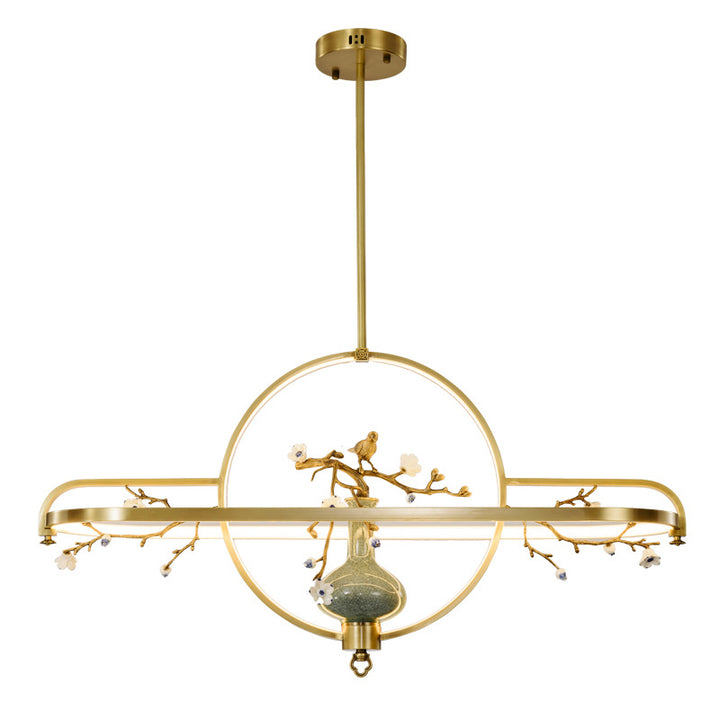 Dôme chinois traditionnel rond Magnolia Prunus Vase en céramique Lustres à LED en cuivre et silicone pour salle à manger 