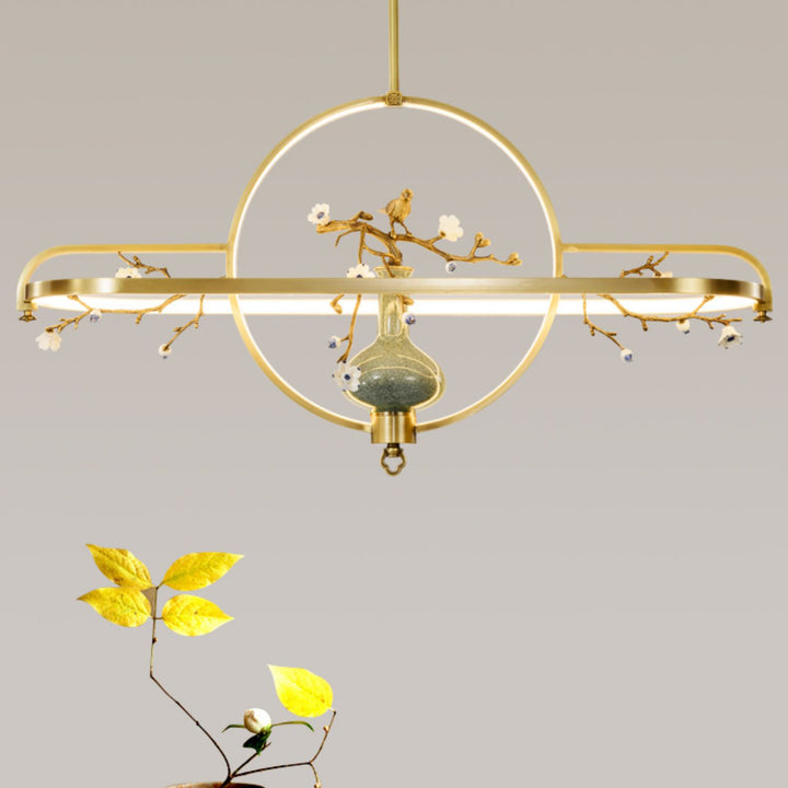 Dôme chinois traditionnel rond Magnolia Prunus Vase en céramique Lustres à LED en cuivre et silicone pour salle à manger 
