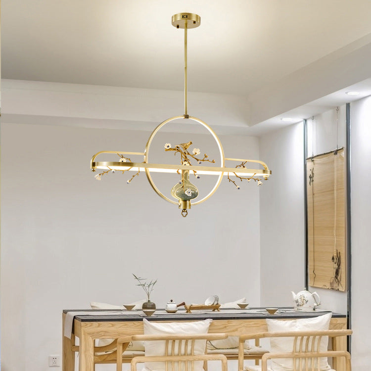 Dôme chinois traditionnel rond Magnolia Prunus Vase en céramique Lustres à LED en cuivre et silicone pour salle à manger 