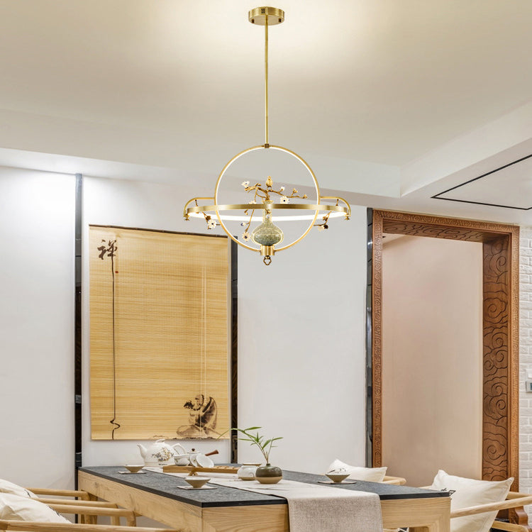 Dôme chinois traditionnel rond Magnolia Prunus Vase en céramique Lustres à LED en cuivre et silicone pour salle à manger 