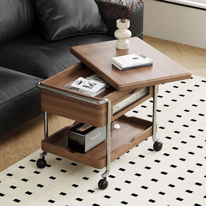 Contemporary Retro Solid Wood Iron Foldable Liftable Side Table 4 - Tier For Living Room