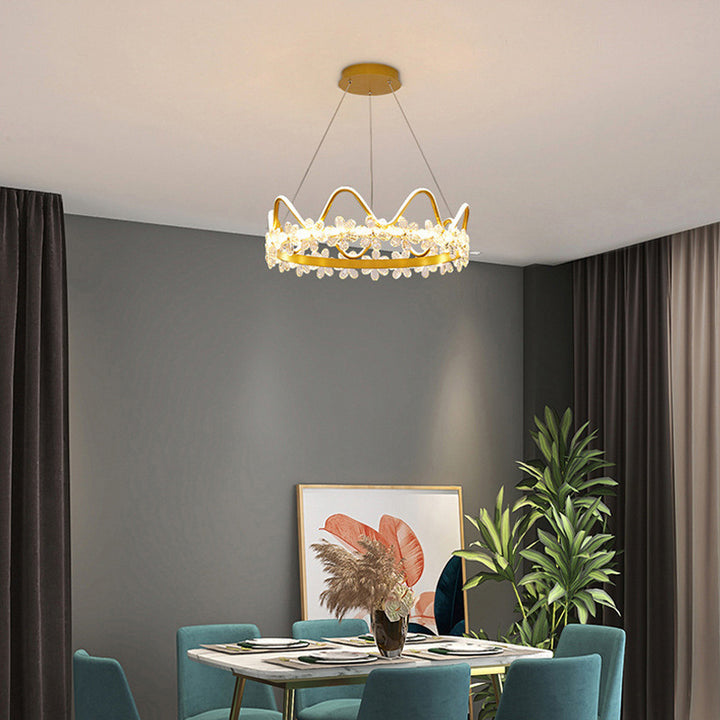 Contemporary Nordic Round Crown Flowers Aluminum Crystal LED Chandeliers For Dining Room