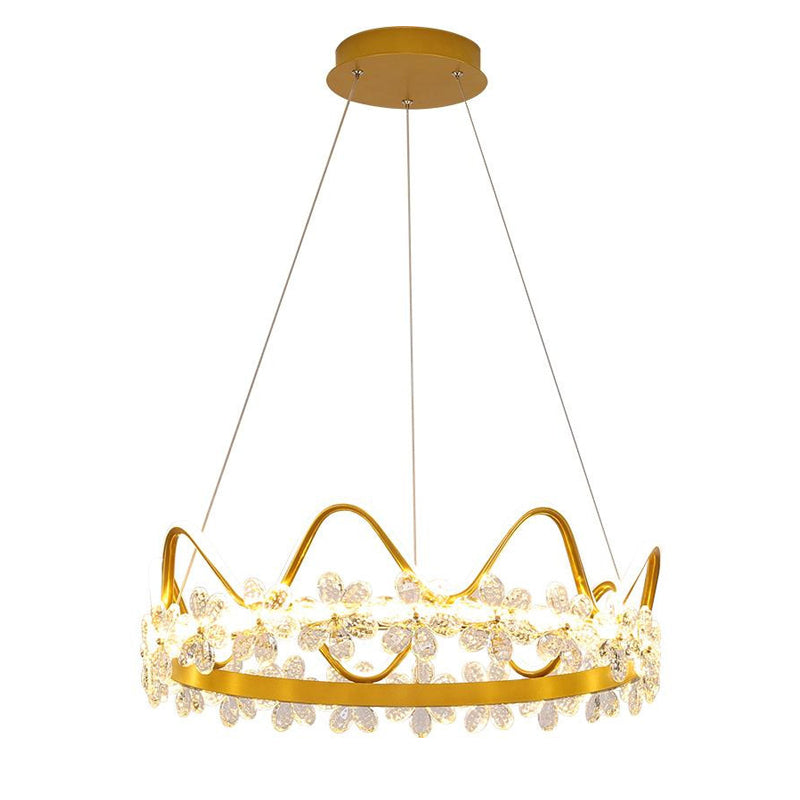 Contemporary Nordic Round Crown Flowers Aluminum Crystal LED Chandeliers For Dining Room