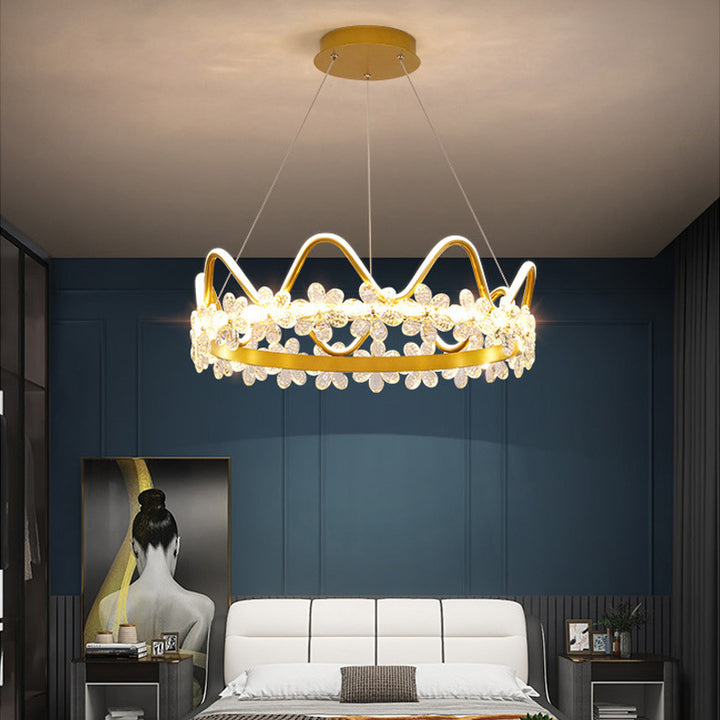 Contemporary Nordic Round Crown Flowers Aluminum Crystal LED Chandeliers For Dining Room