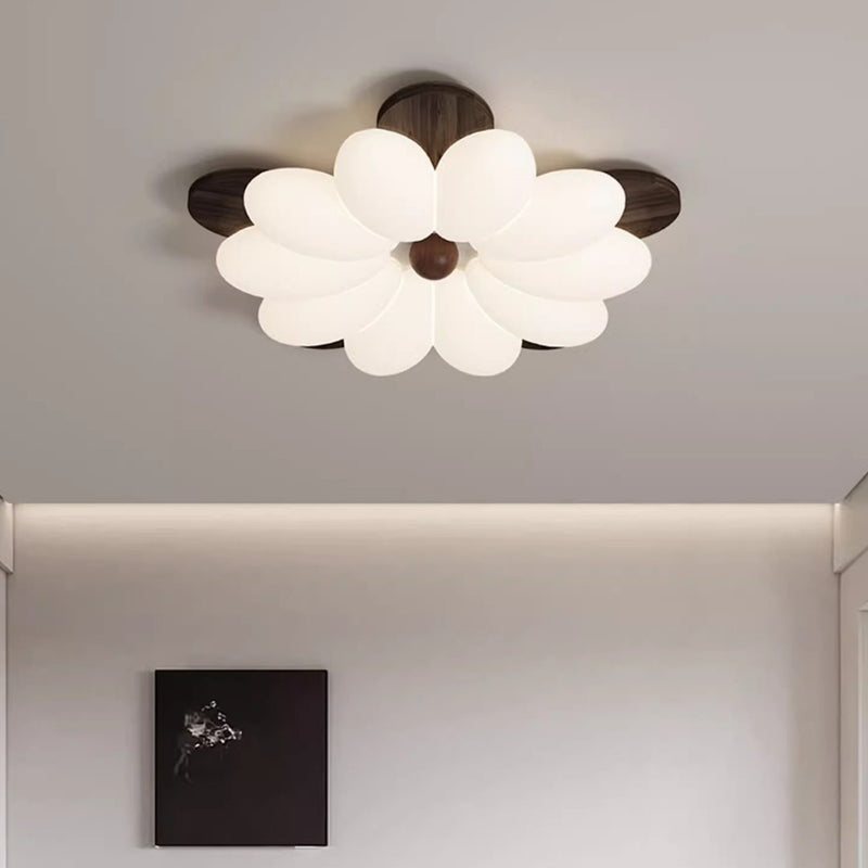 Contemporary Nordic Flowers Solid Wood PE LED Flush Mount Ceiling Light For Bedroom
