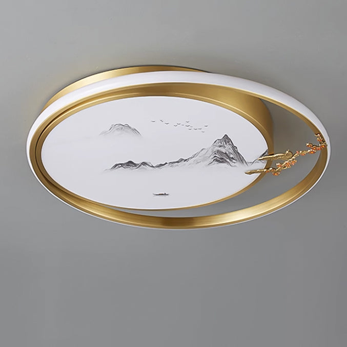 Traditional Chinese Round Feathers Magpie Lotus Fan Acrylic Copper LED Flush Mount Ceiling Light For Bedroom