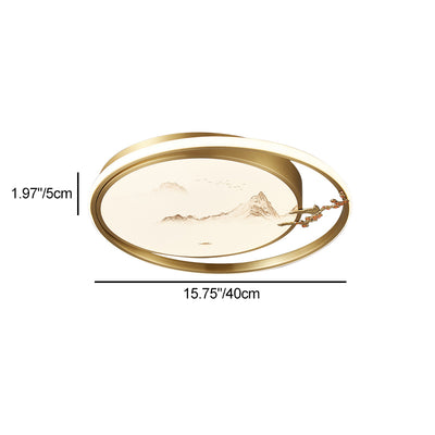 Traditional Chinese Round Feathers Magpie Lotus Fan Acrylic Copper LED Flush Mount Ceiling Light For Bedroom