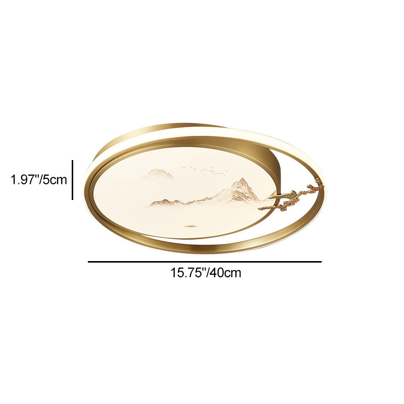 Traditional Chinese Round Feathers Magpie Lotus Fan Acrylic Copper LED Flush Mount Ceiling Light For Bedroom